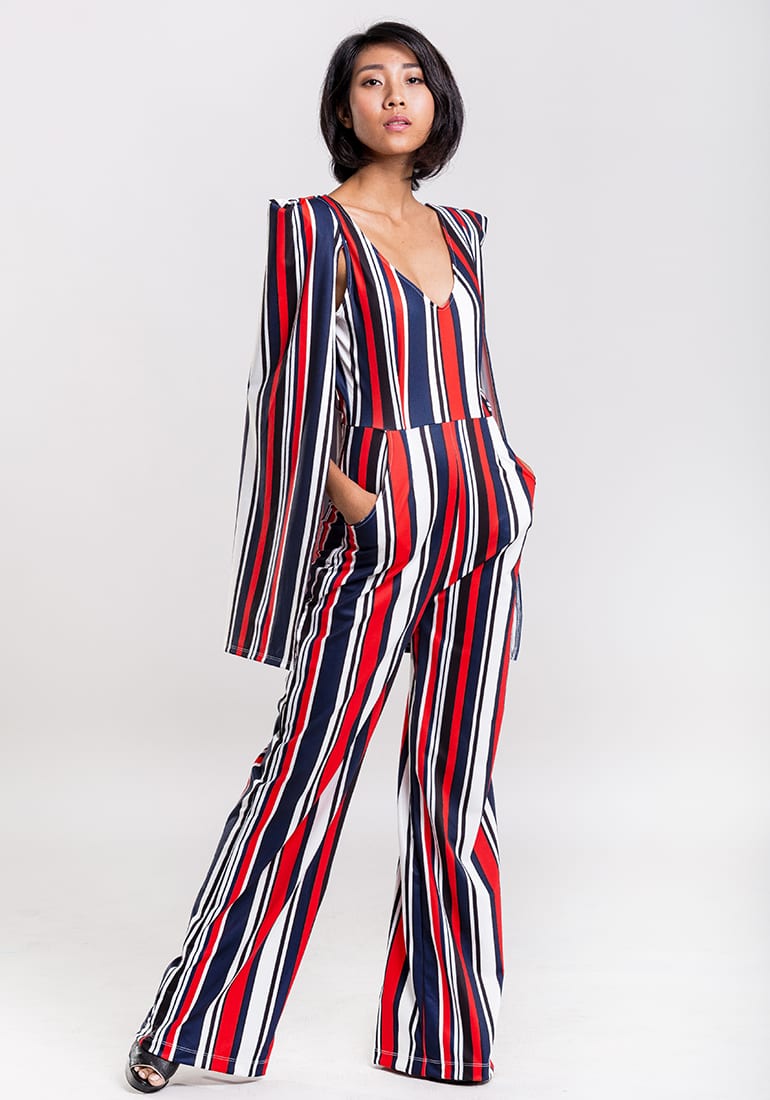 Chloe Cape Red-Blue Striped Jumpsuit | PRINCESSA - Singapore's Fashion ...
