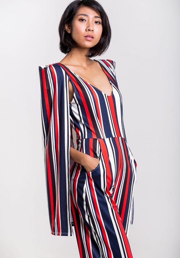 Chloe Cape Red-Blue Striped Jumpsuit | PRINCESSA - Singapore's Fashion ...